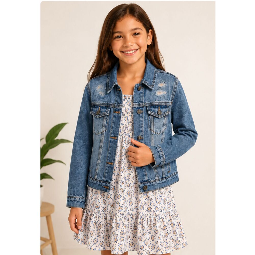 Old Navy Girls Size 8 Distressed Western Denim Jean Jacket Smiley Graphic #V